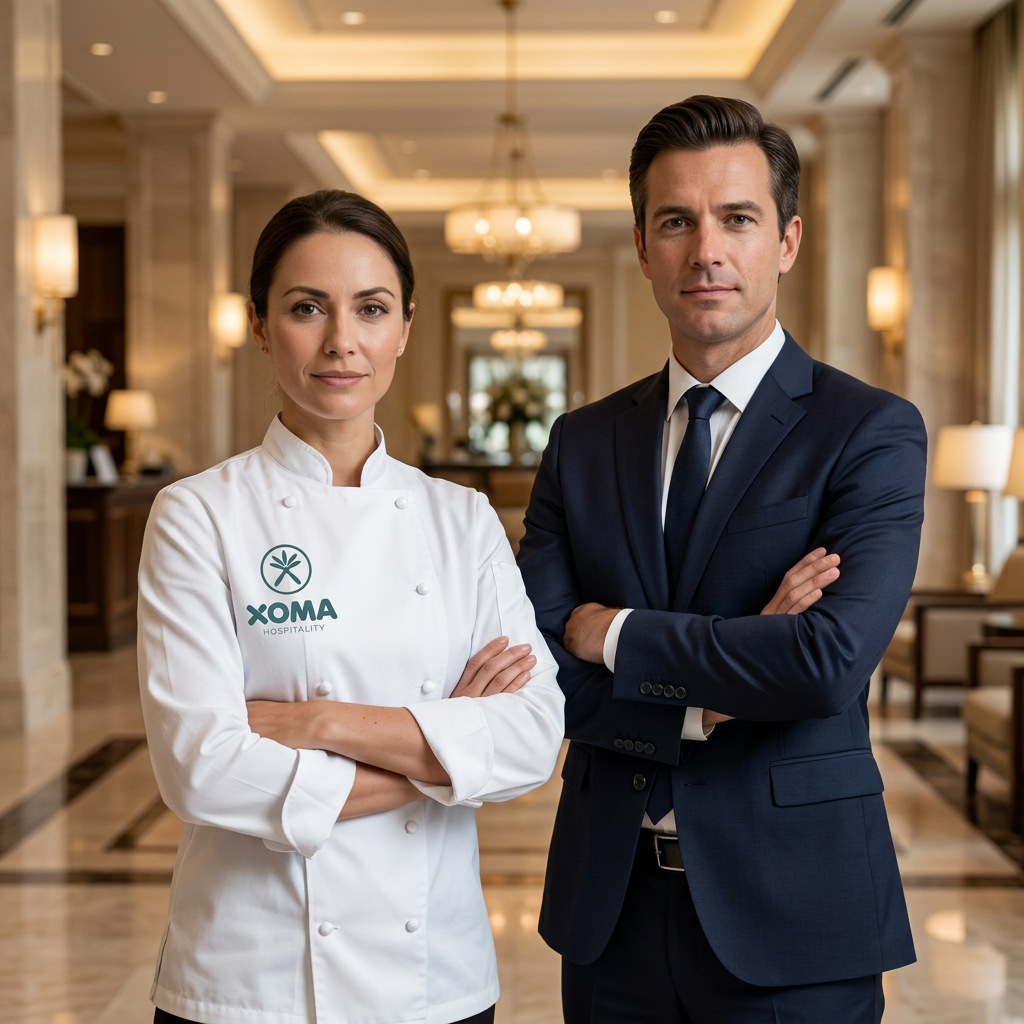 Chef ejecutiva con el logo de XOMA y director de hotel en una propiedad de lujo